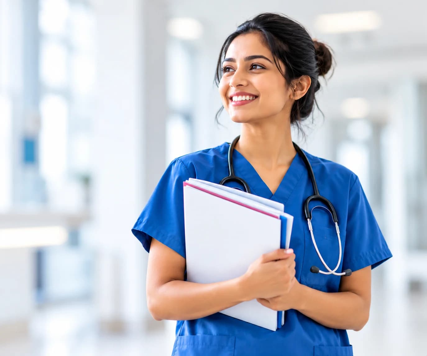 Professional nurse in blue medical scrubs